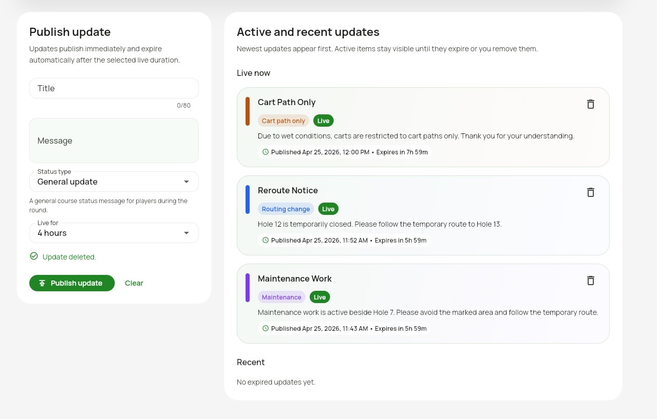 Course console showing active course alerts and update composer