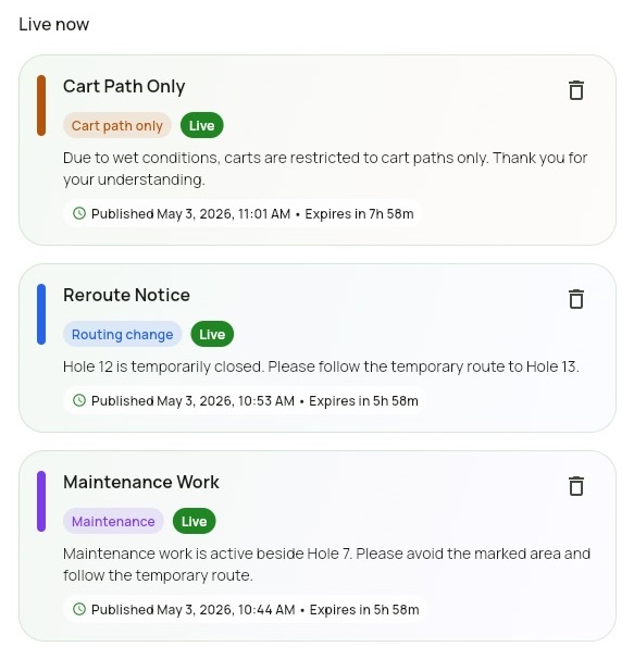 Course Dashboard showing active course alerts and update composer