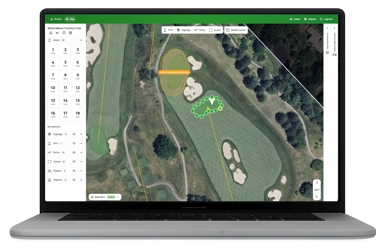 Course Dashboard drawing a temporary green and maintenance area on a golf hole map
