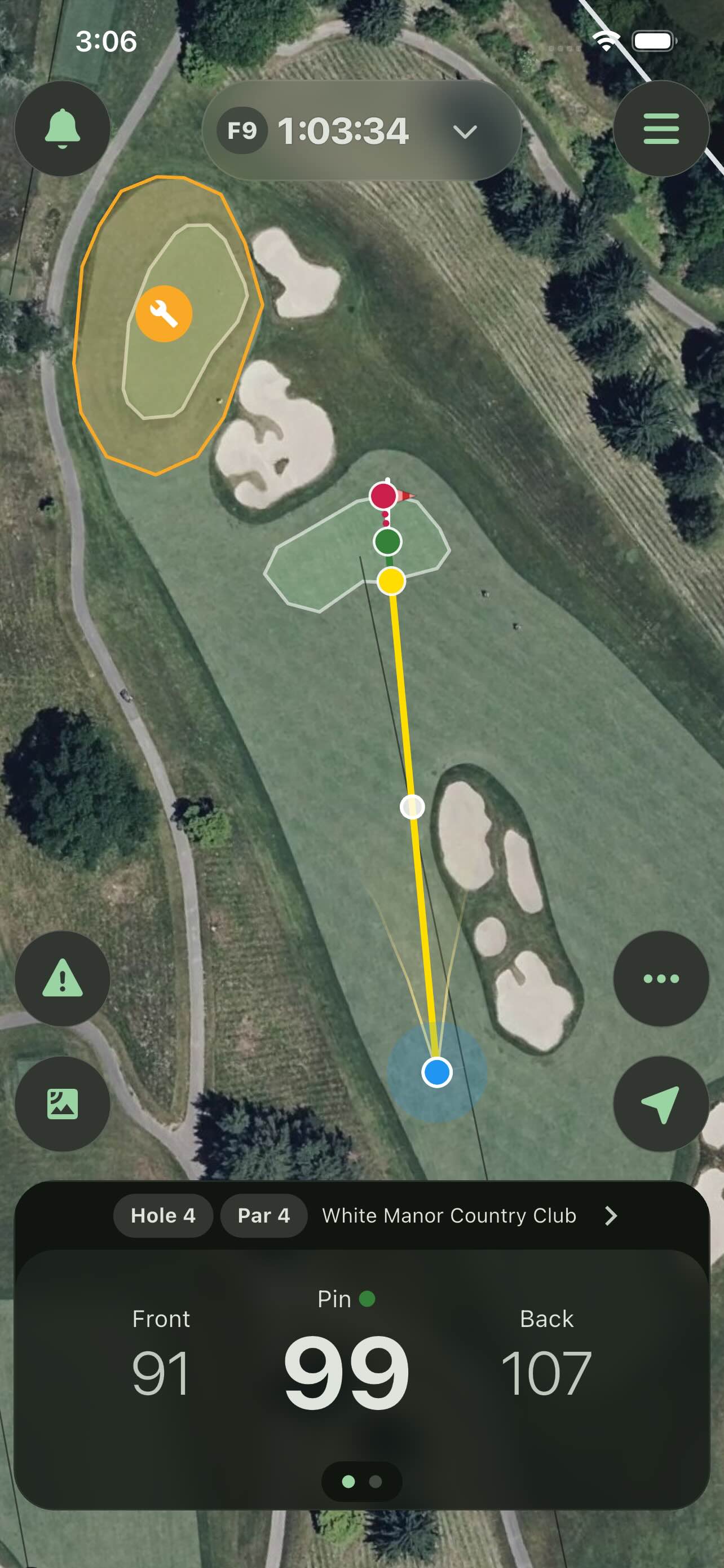 Player app showing a temporary green target with updated front, pin, and back yardages