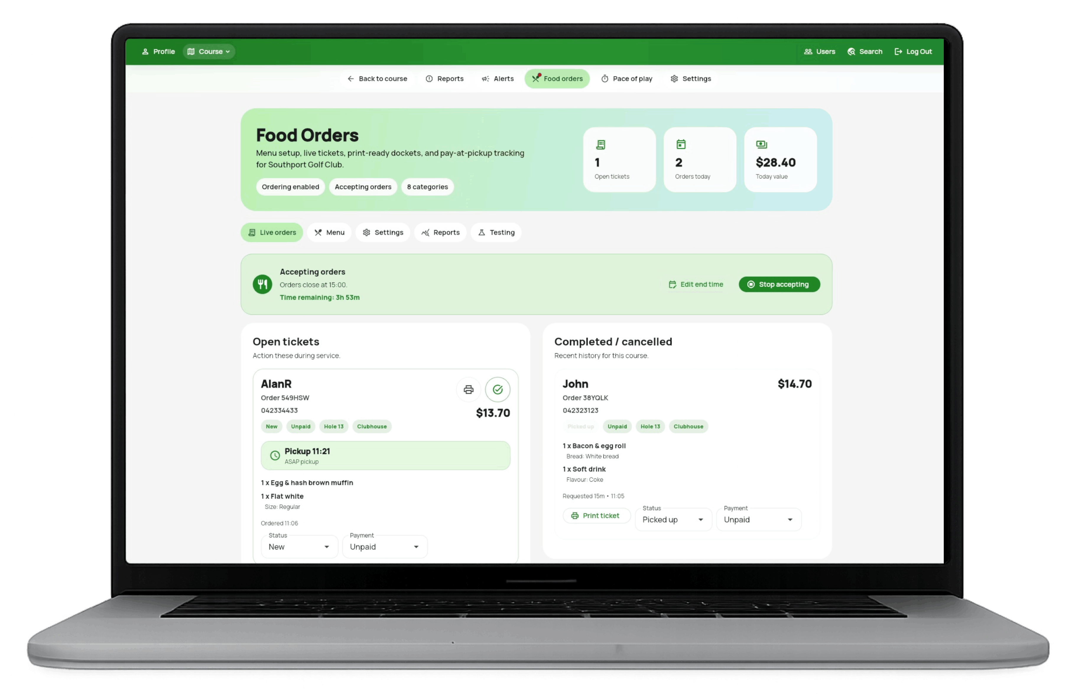 Pin Masters web dashboard showing live food orders and print-ready tickets