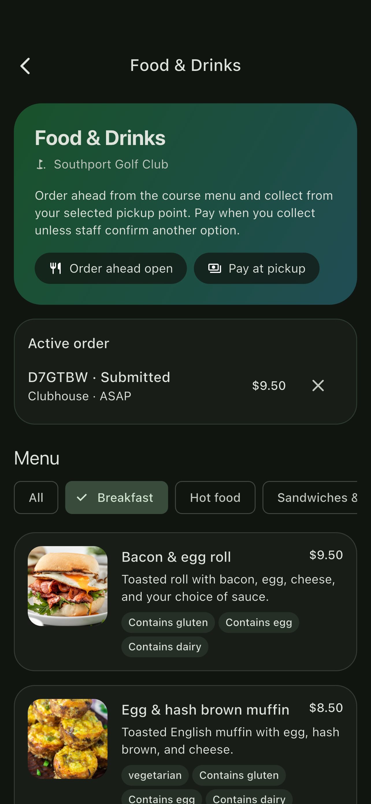 Player app showing food and drinks ordering during a round