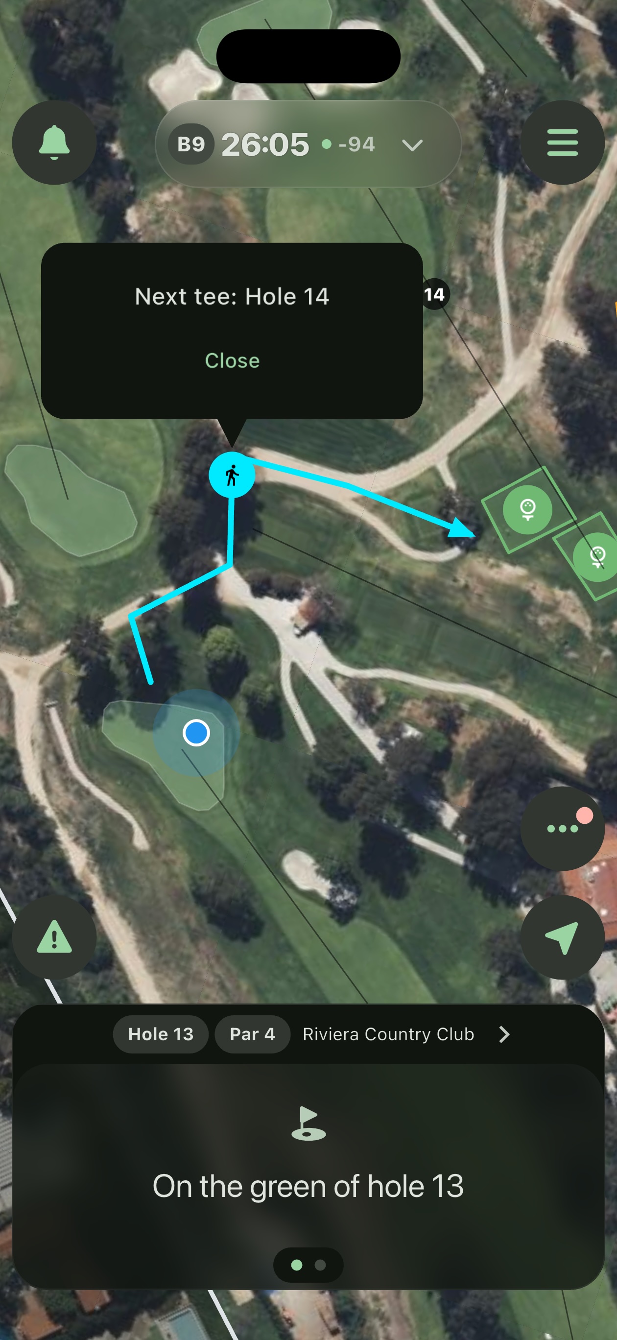 Mobile app showing next tee route guidance