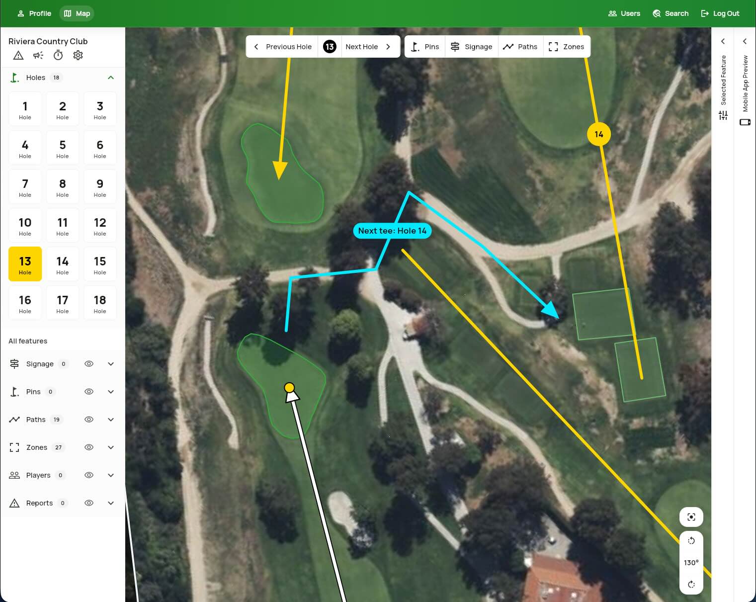 Course console showing an arrowed route from one hole to the next tee