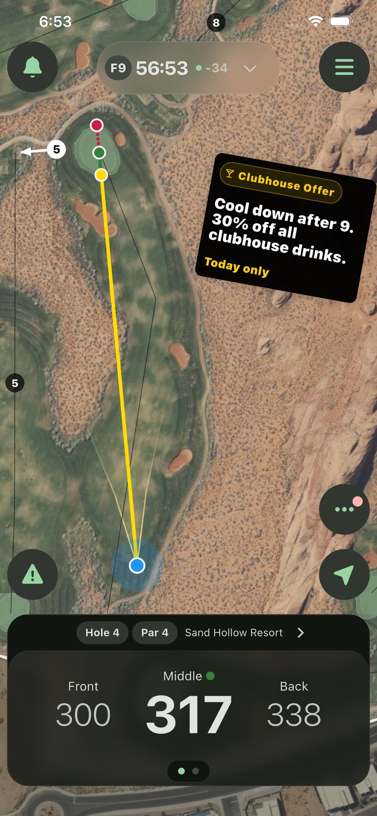 Mobile app showing an on-course signage offer during the round